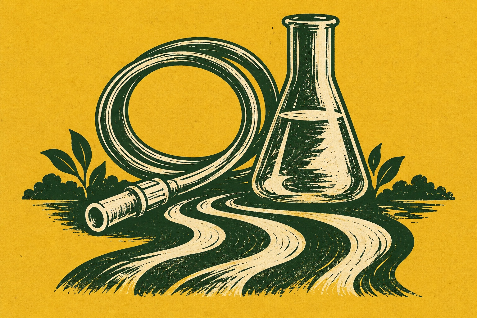 AI-illustratie van een opgerolde medische slang en een laboratoriumkolf boven golvend water, als concept voor schonere zorg.