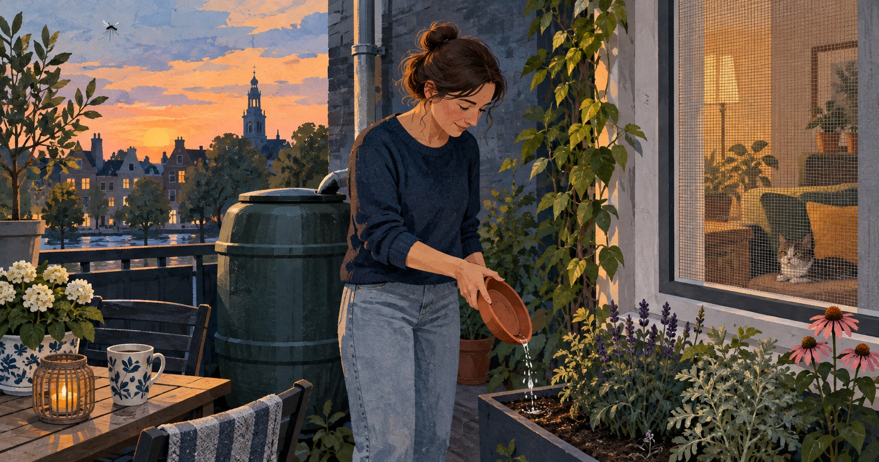 AI-illustratie van iemand die bij schemering stilstaand water uit een plantenschotel leegt op een Nederlands balkon; hor en gesloten regenton zijn zichtbaar.