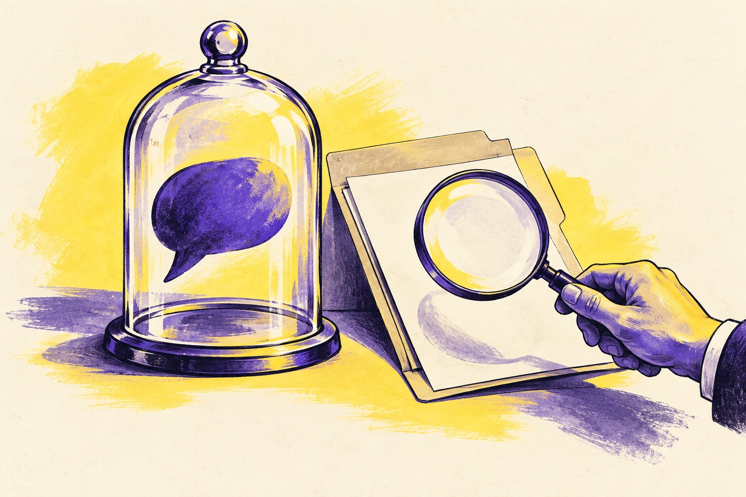 AI-illustratie van een tekstballon onder een glazen stolp en een hand die een dossier met een vergrootglas controleert.