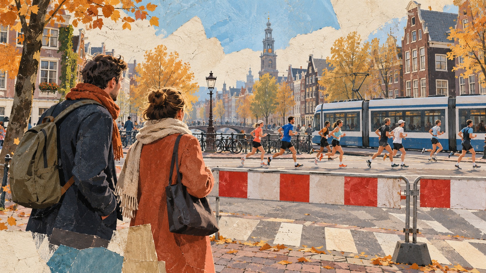Conceptuele illustratie van voetgangers bij een afzetting, met een tram en hardlopers op de achtergrond.
