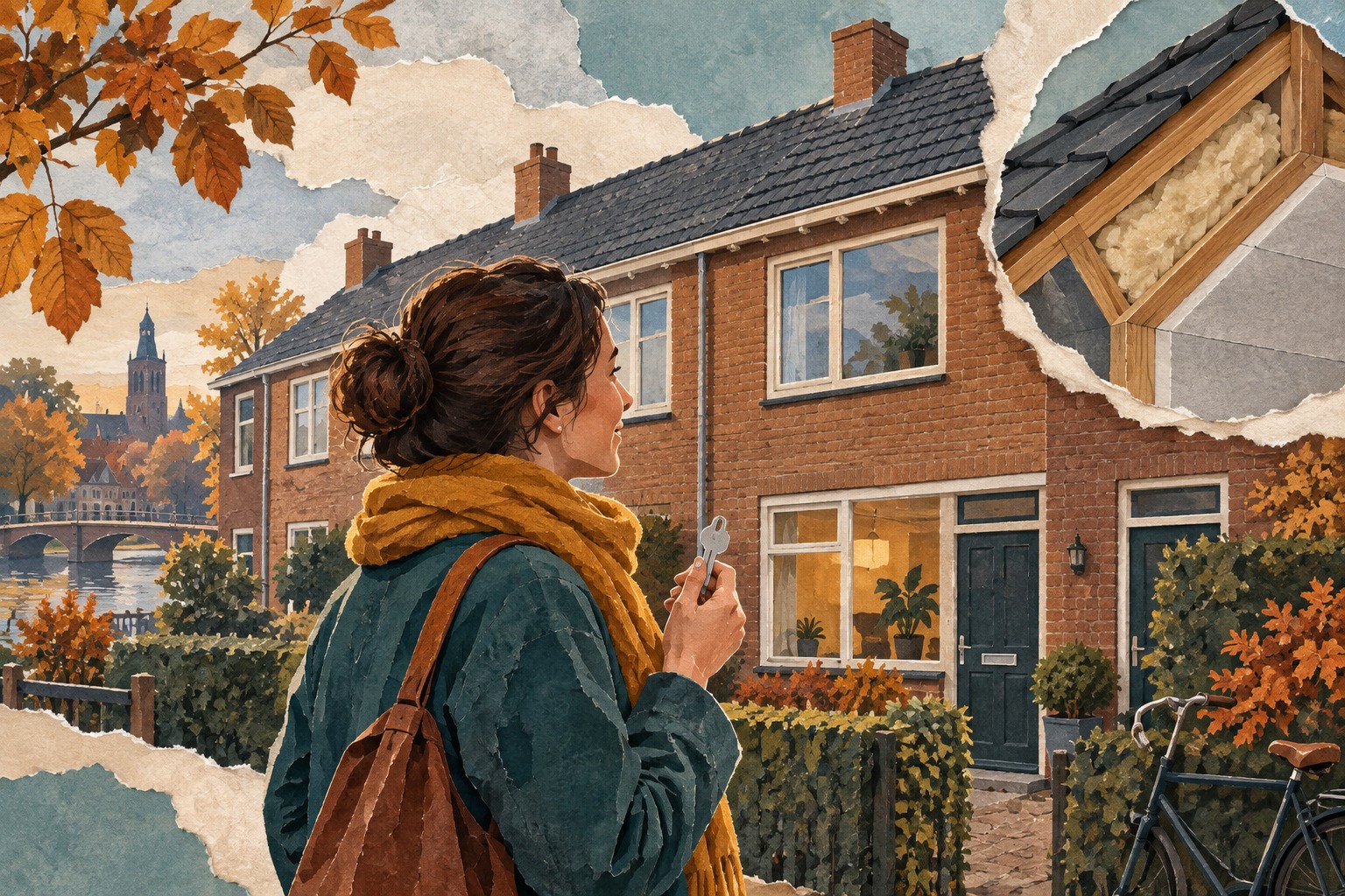 AI-illustratie van een huizenkoper met een sleutel voor een rijtjeshuis en een schematisch stukje dakisolatie.