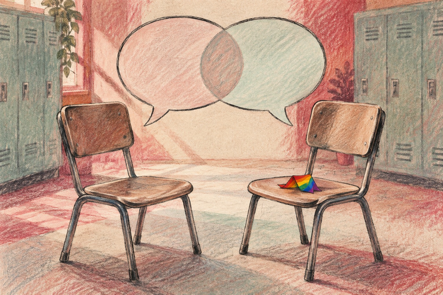 Conceptuele AI-illustratie in kleurpotlood: twee lege schoolstoelen onder overlappende praatwolken, met een gevouwen regenbooglint op één stoel.