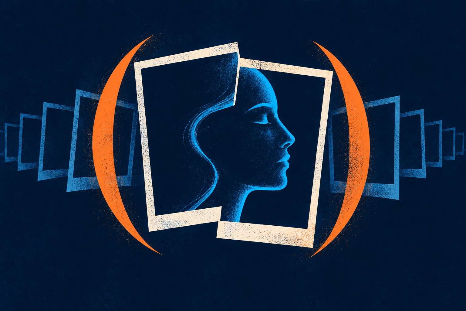 AI-illustratie van een anoniem blauw gezichtsprofiel in verschoven beeldkaders, omgeven door een oranje beschermende boog, als beeld voor gemanipuleerde identiteit.