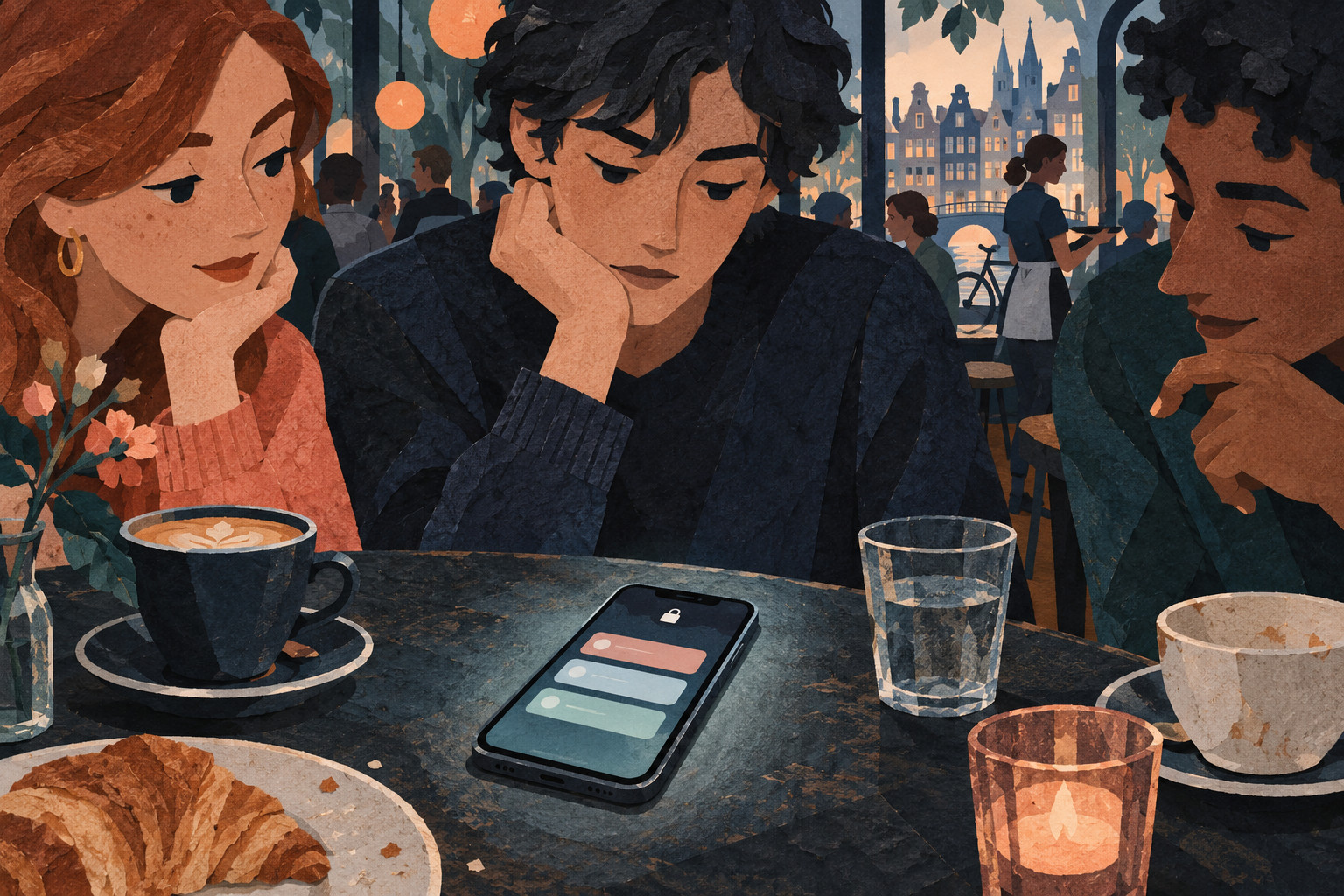 Eigen geschilderde papiercollage: drie jongeren zitten aan een cafétafel waarop een vergrendelde telefoon met abstracte meldingen ligt.