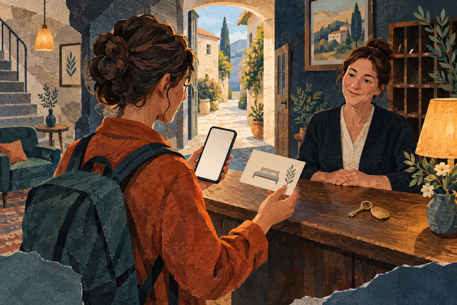 AI-illustratie: een reiziger vergelijkt een blanco telefoon met een reserveringskaart bij een hotelbalie.