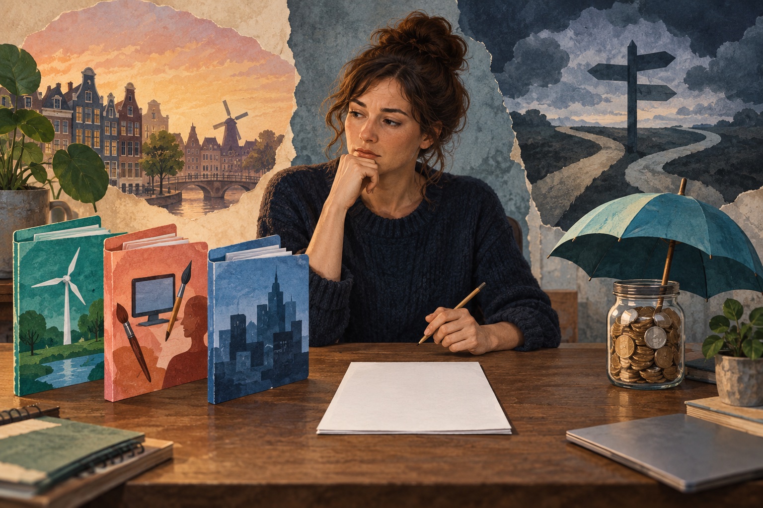 Conceptuele illustratie van een freelancer aan een bureau met drie verschillende projectmappen en een spaarpot onder een paraplu.