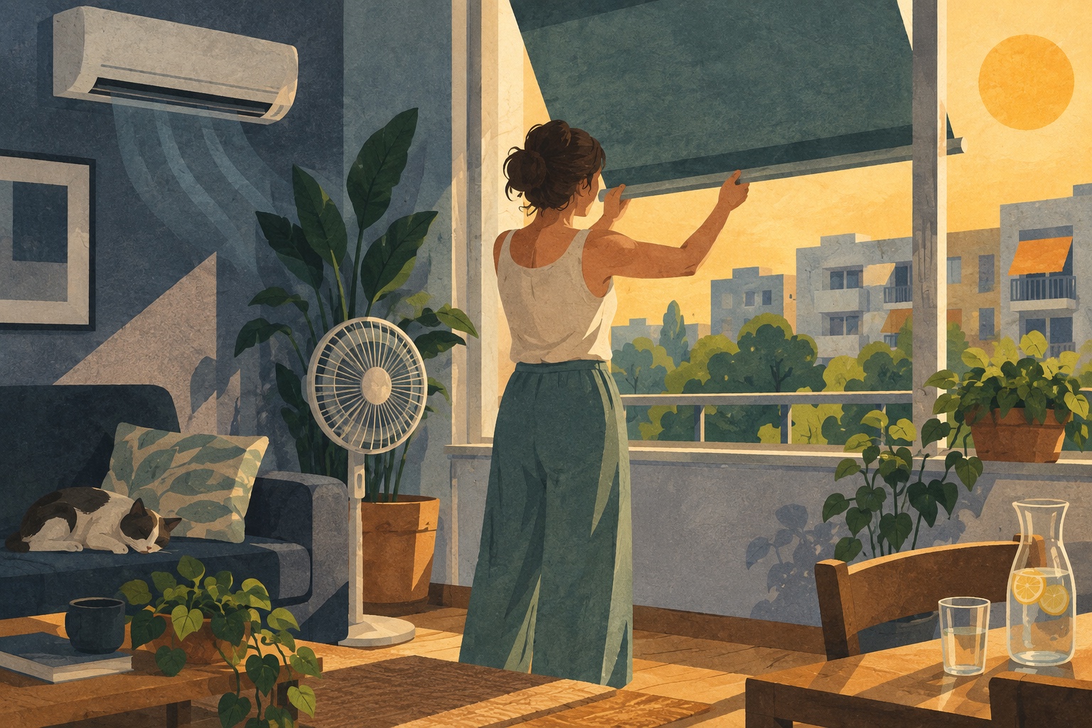 Conceptuele collage: een bewoner laat bij fel zonlicht een zonnescherm zakken; binnen staan een ventilator en een airco.