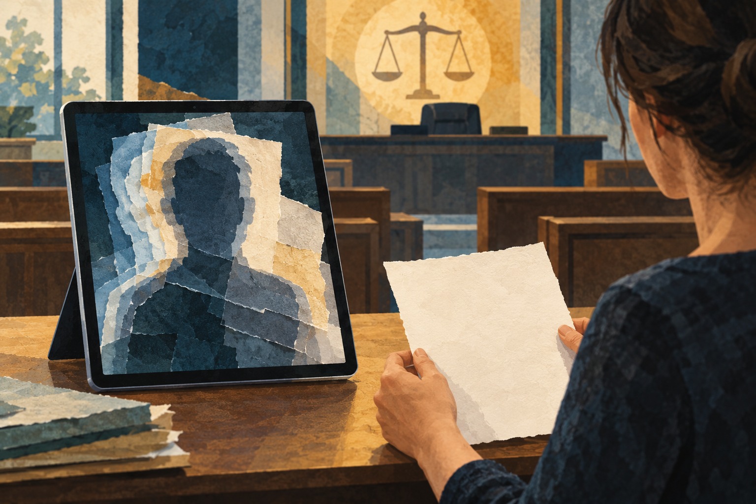Conceptuele AI-illustratie van een tablet met een uit papierlagen opgebouwd fictief gezicht naast iemand met een blanco verklaring in een rechtszaal.
