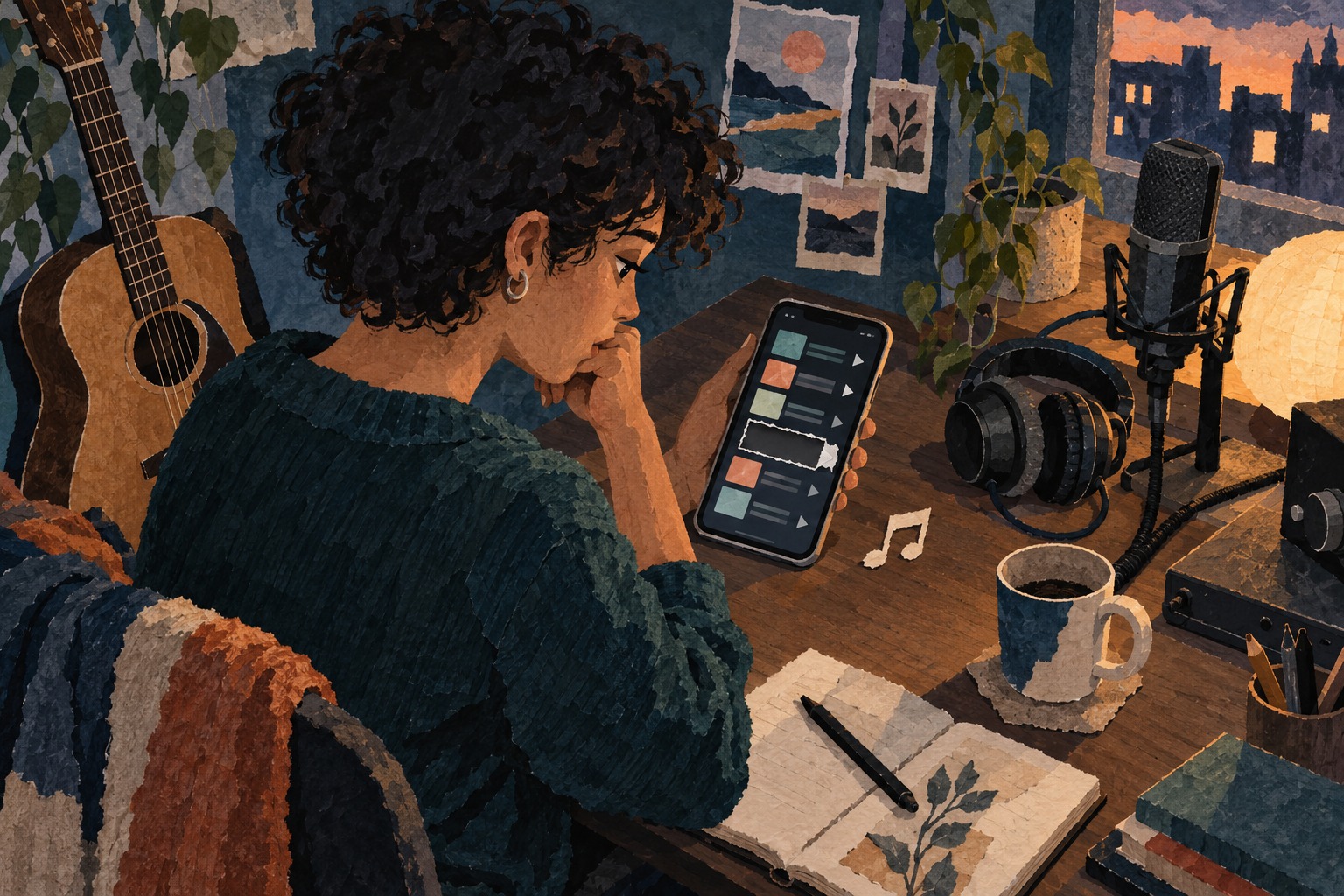 Conceptuele AI-papiercollage van een muzikant die in een thuisstudio een lege plek in een afspeellijst op de telefoon bekijkt.