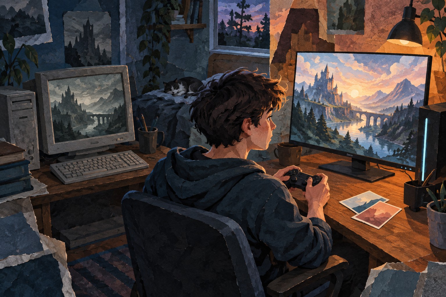 Geschilderde papiercollage van een jongere die tussen een oude en een nieuwe computeropstelling een fantasygame speelt.