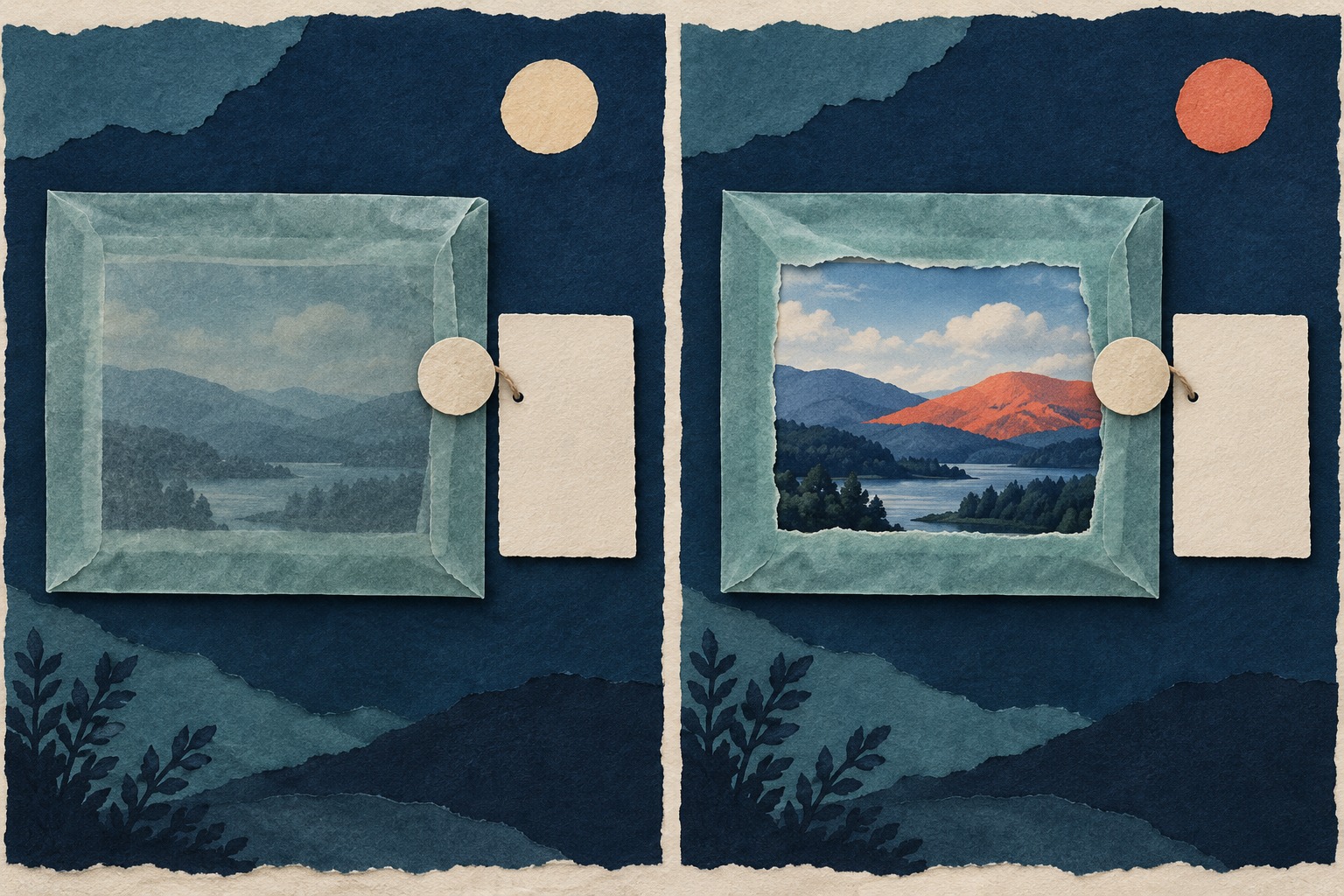 Conceptuele AI-papiercollage: twee landschapkaarten met een blanco zegel, links onder een hele hoes en rechts met een uitgesneden opening.