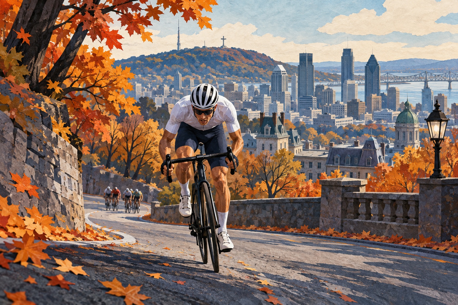 AI-illustratie van een anonieme wielrenner die op een heuvel bij Montréal voor een achtervolgende groep rijdt; geen foto van het WK.