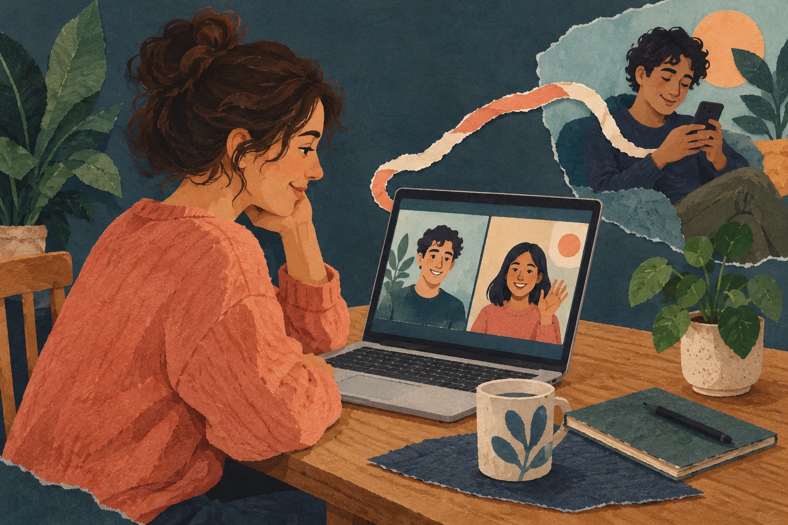 Conceptuele AI-collage van een vrouw die via haar laptop met anderen videobelt.