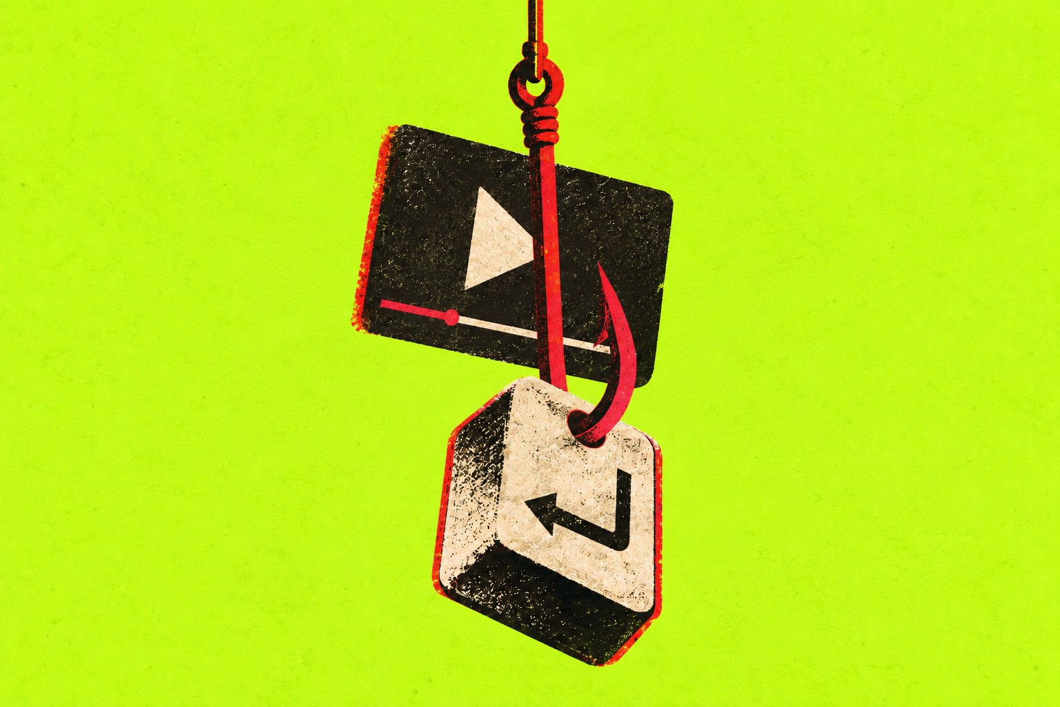 AI-illustratie: een videovenster, een vishaak en een Enter-toets verbeelden de val achter een schadelijke advertentie.