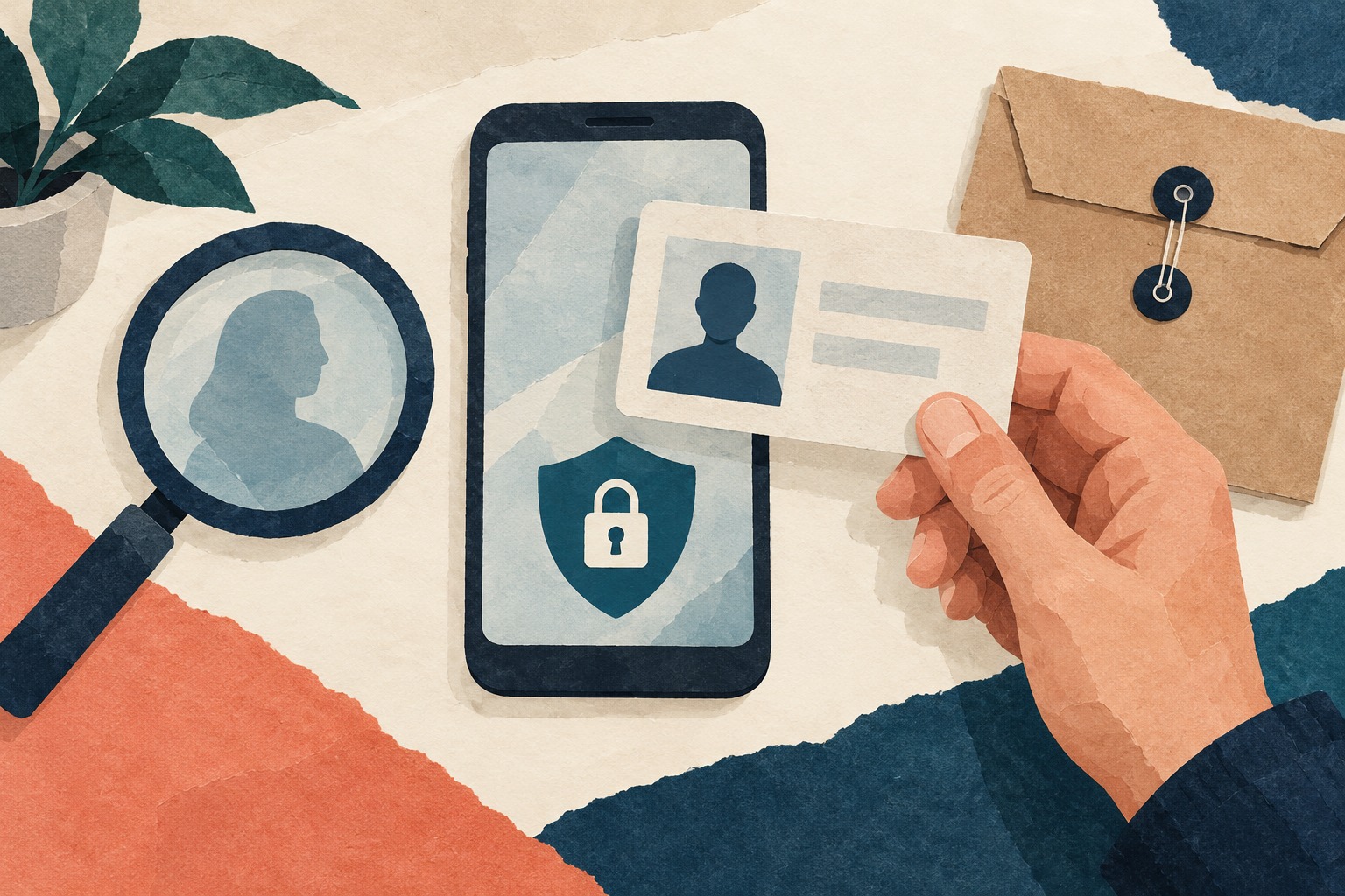 Conceptuele papiercollage van een identiteitskaart, telefoon en vergrootglas; geen echt identiteitsbewijs of werkelijk advertentieplatform.