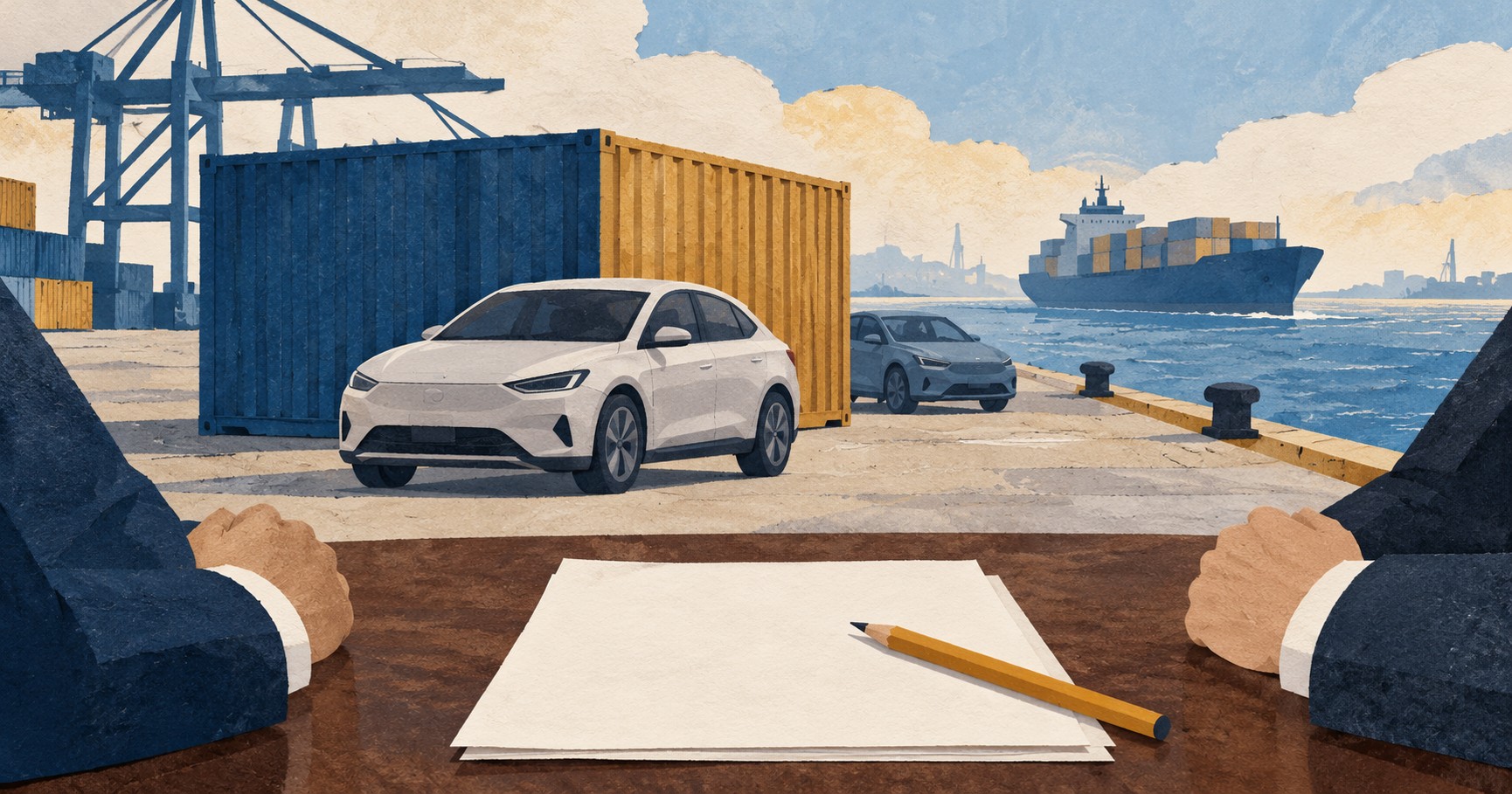 Conceptuele AI-illustratie van merkloze auto’s bij zeecontainers en een blanco onderhandelingsdocument; geen foto van een echte handelsafspraak.