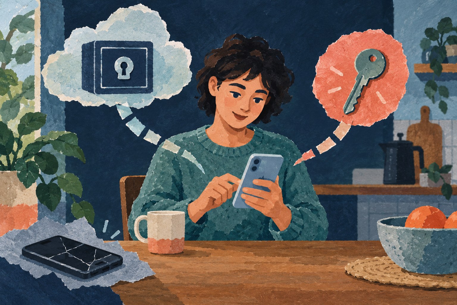 Conceptuele papiercollage: een jongere gebruikt een nieuwe telefoon naast een kapot toestel, met een cloudkluis en reservesleutel als mogelijke herstelroutes.