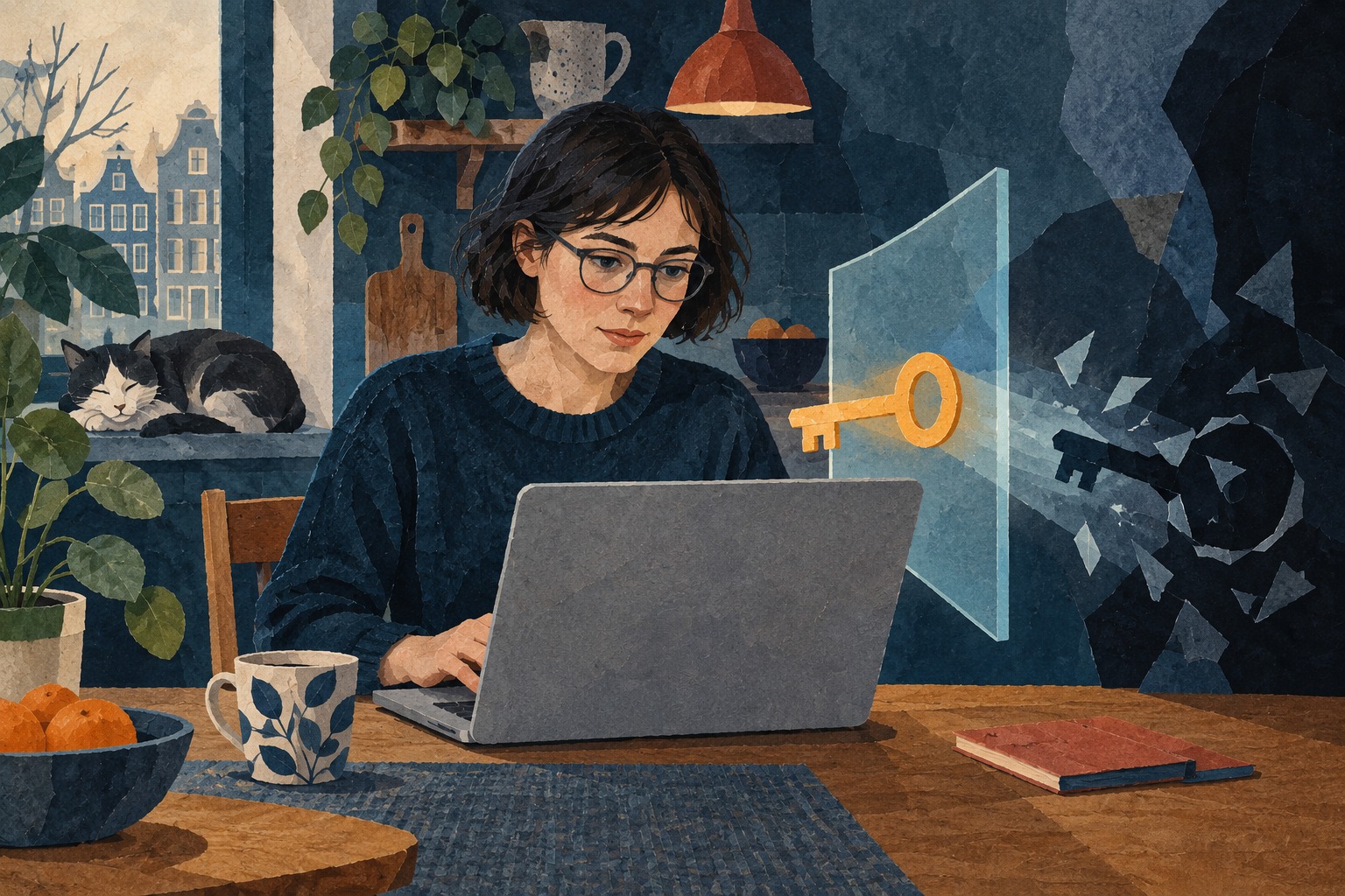 Conceptuele Nxt-illustratie van een jonge vrouw met een laptop en symbolische sleutels voor browserbeveiliging.