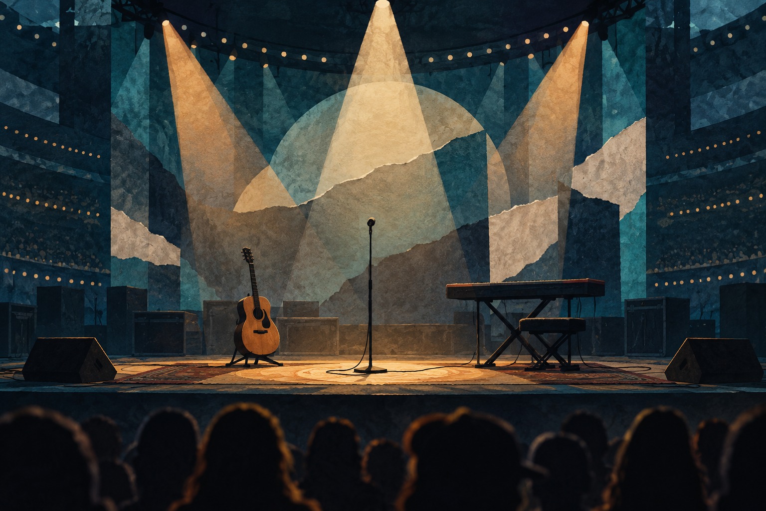 Conceptuele AI-illustratie van een leeg concertpodium met microfoon, gitaar en keyboard; geen beeld van het optreden in Atlanta.
