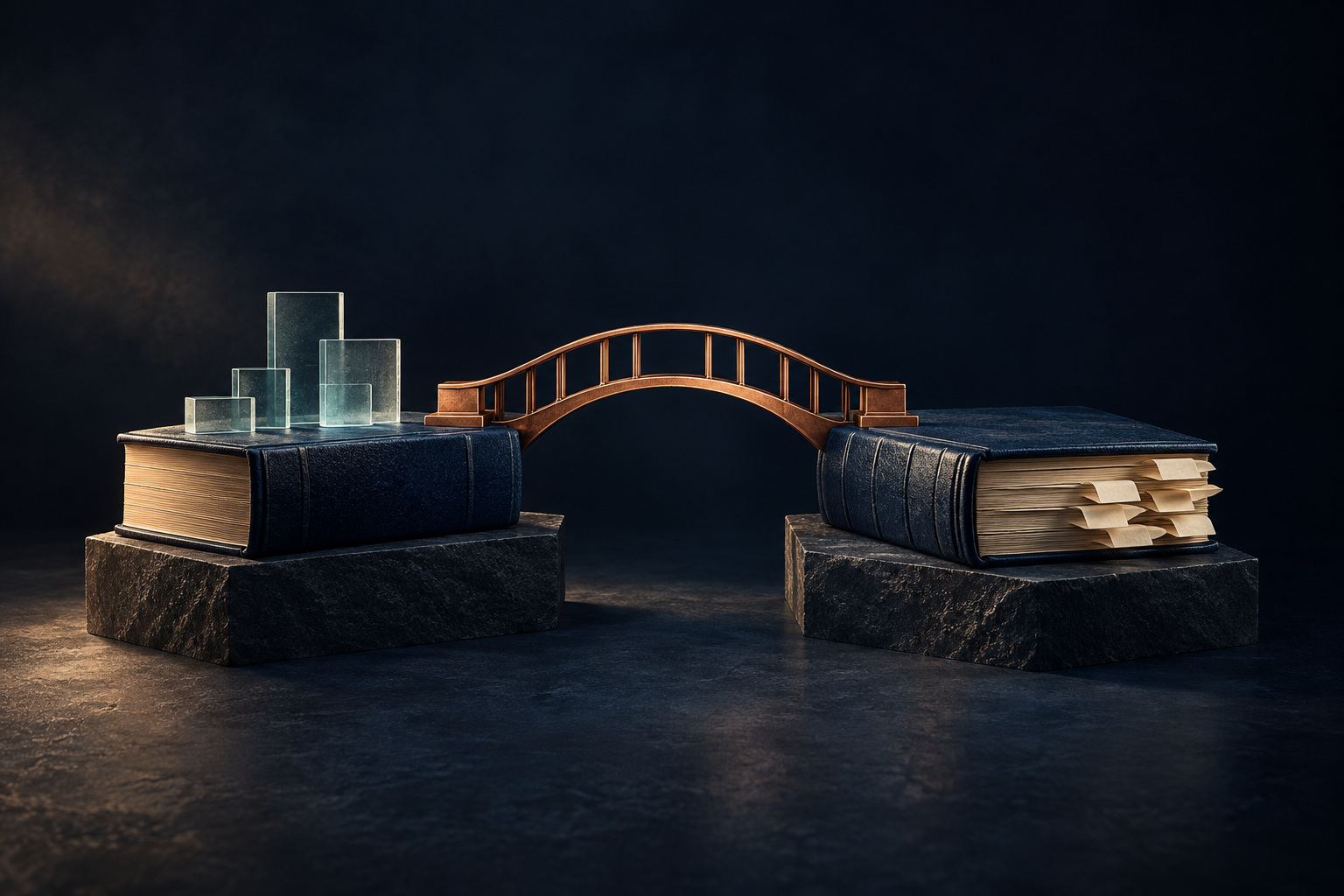 Conceptuele AI-illustratie: een koperen brug verbindt twee donkerblauwe grootboeken; glazen tegels en papieren tabs verbeelden digitale en bestaande financiële administraties.