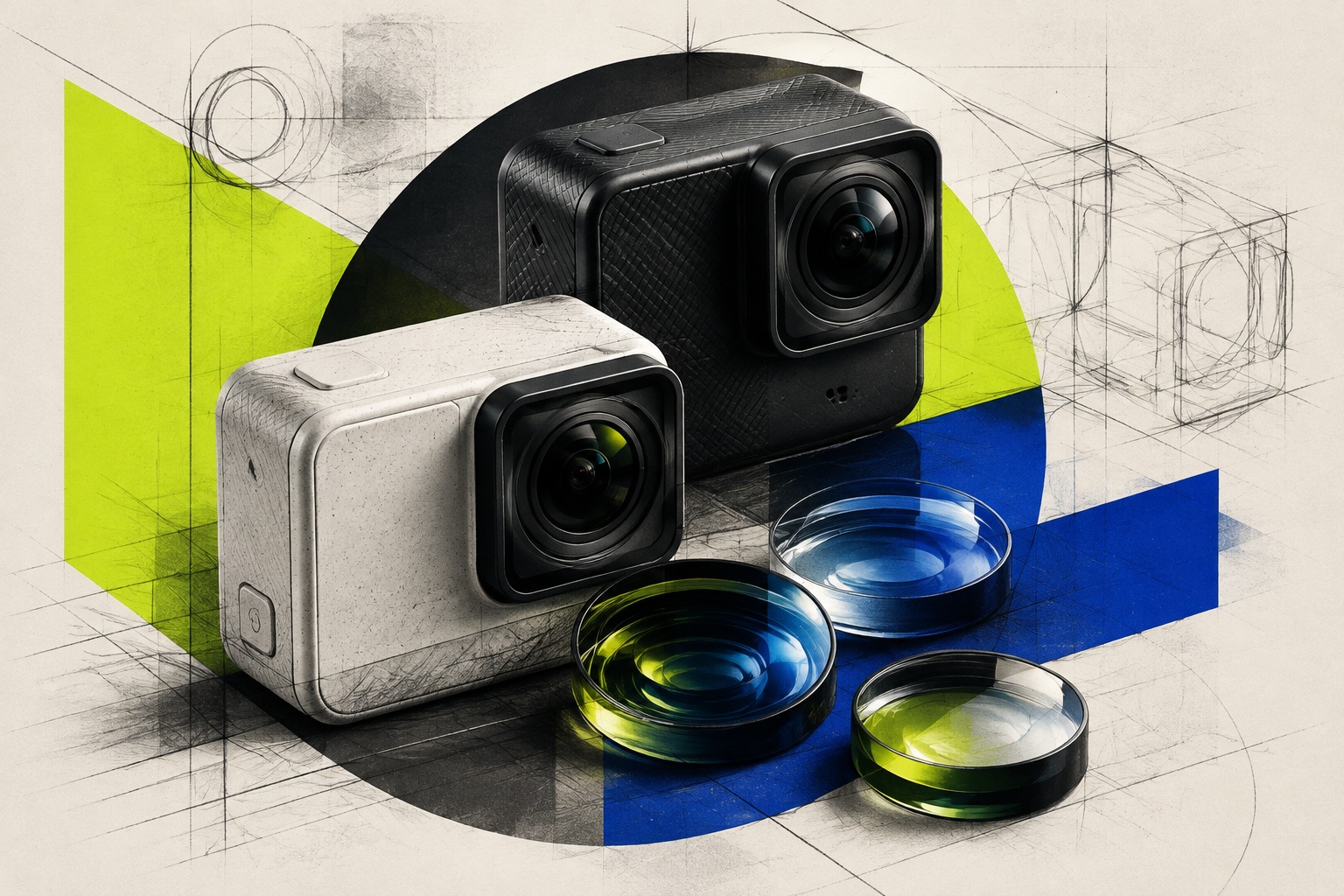 AI-illustratie van twee fictieve compacte camera’s en losse lenzen tussen blauwe en limoengroene ontwerpvlakken.