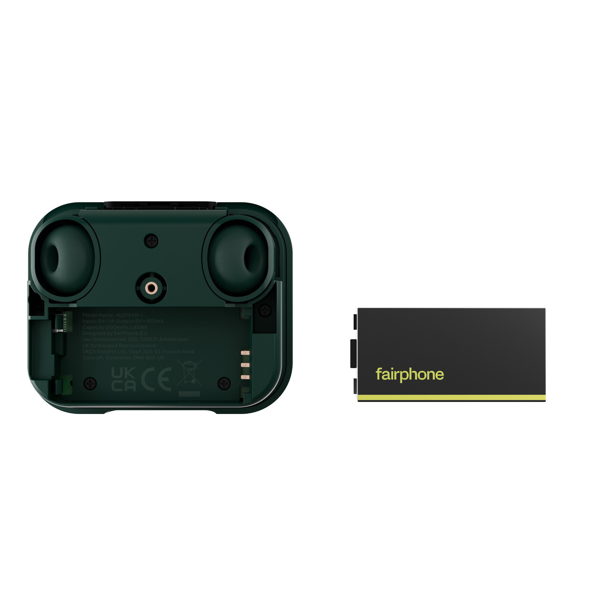 Officieel Fairphone-beeld van het geopende groene Fairbuds 2-oplaaddoosje met de uitneembare accu ernaast.
