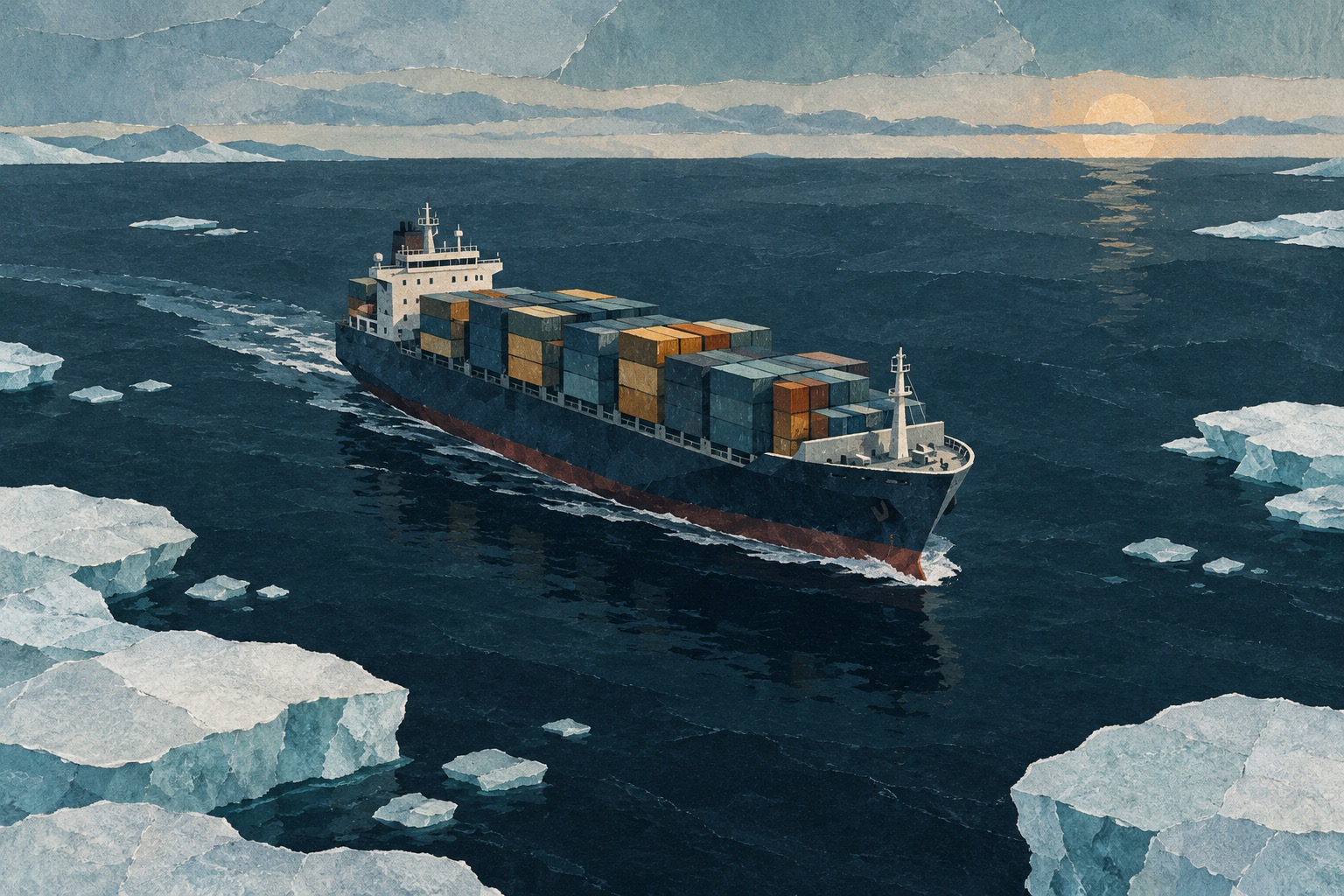Conceptuele AI-illustratie van een containerschip op open water tussen lage ijsschotsen.
