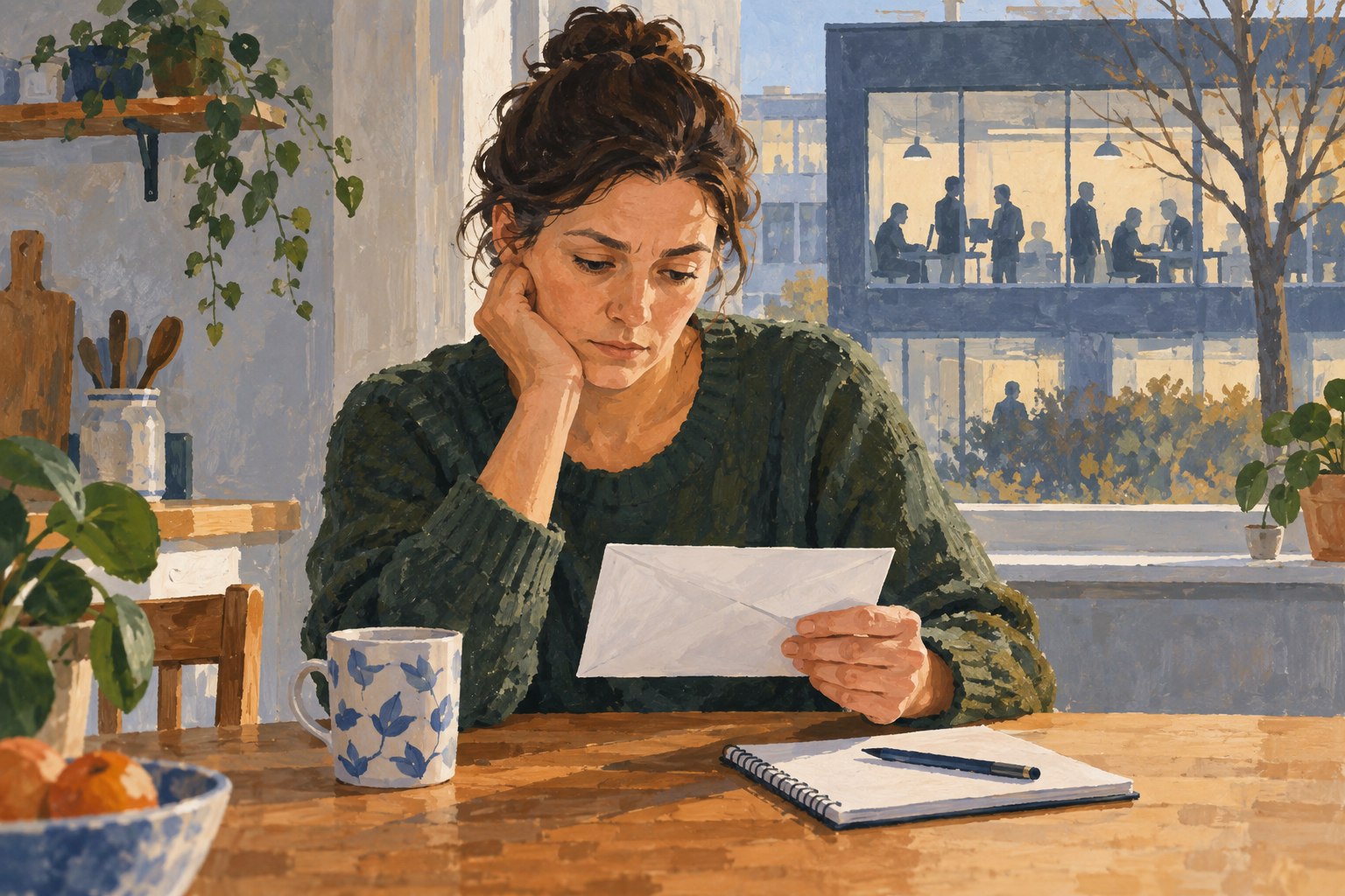 Conceptuele illustratie van een werknemer die thuis een ongemerkte brief leest en aantekeningen maakt; geen bestaande ontslagzaak.