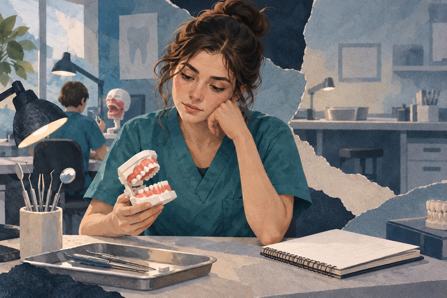 Conceptuele AI-illustratie van een student tandheelkunde met een oefengebit aan een werkbank; geen echte onderwijsruimte.