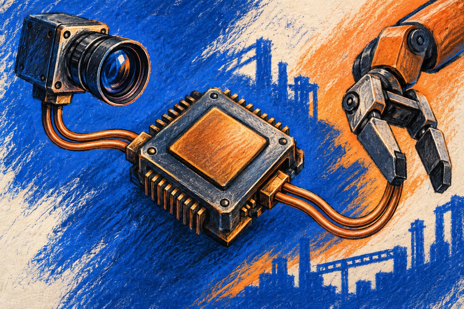 AI-illustratie in blauw en oranje van een chip, een cameralens en een robotgrijper.