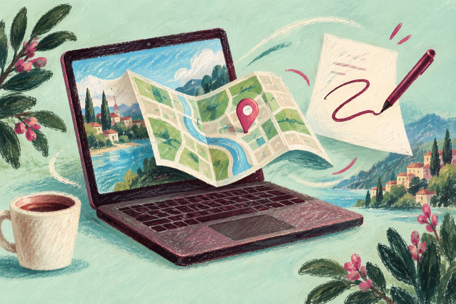 Conceptuele AI-illustratie in mintgroen en bordeauxrood pastelkrijt van een laptop, een uitgevouwen kaart en een document met een krabbel.