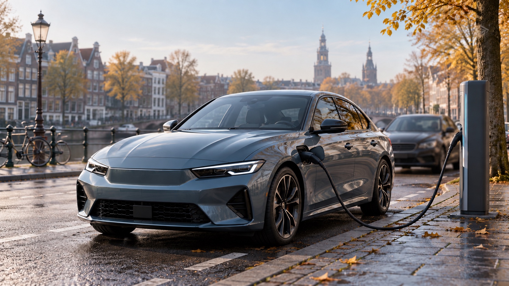 Conceptuele illustratie van een merkloze elektrische sedan die bij een laadpaal staat; verderop staat een andere auto.