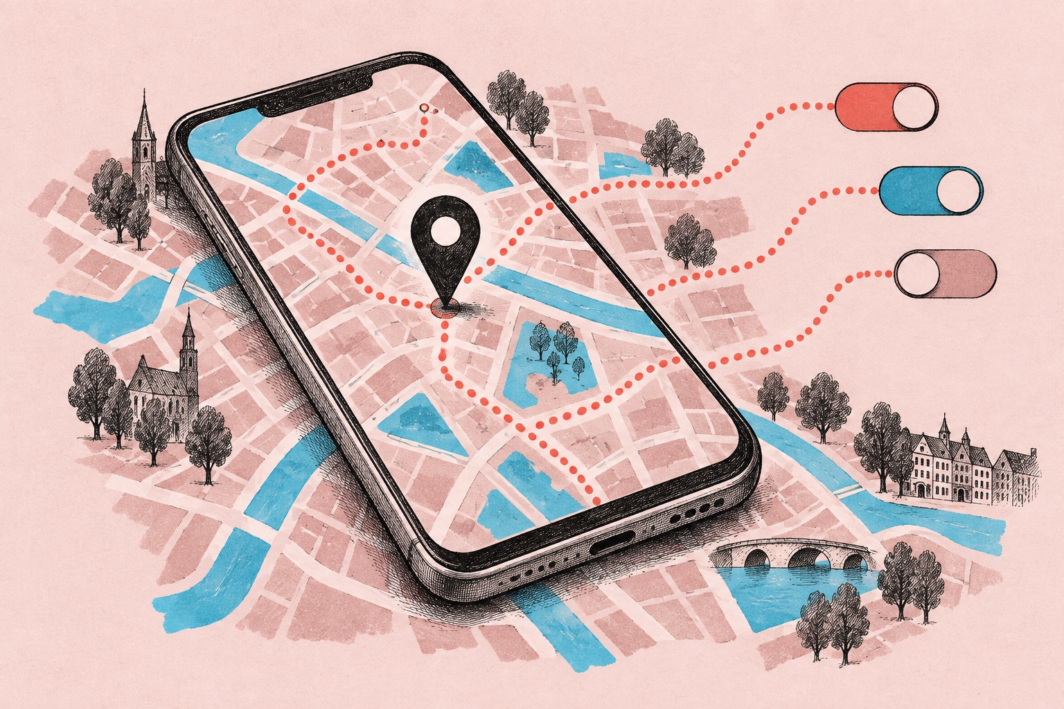 Conceptuele AI-illustratie in roze en cyaan: een getekende telefoon op een denkbeeldige kaart, met een locatiepin, gestippelde routes en drie afzonderlijke schakelaars.