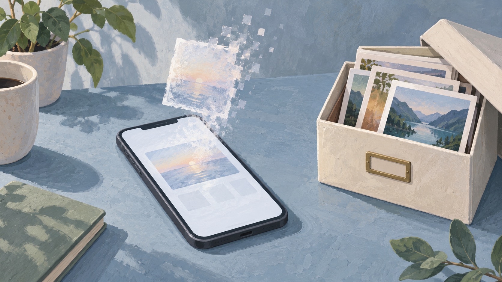 Conceptuele illustratie van een telefoon met een vervagend fotovlak en een archiefdoos voor foto’s.