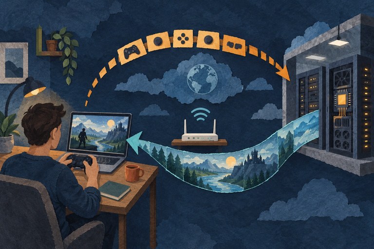 Papiercollage met een gamer, router en computer op afstand; twee pijlen tonen knopdrukken heen en spelbeeld terug.