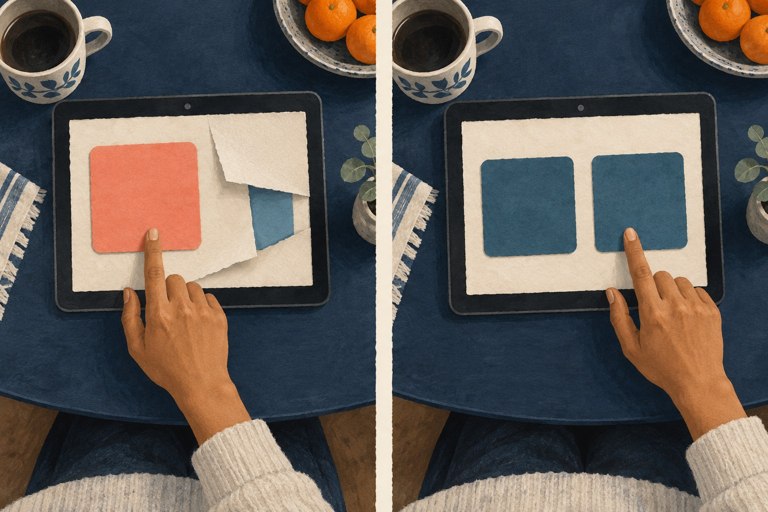 Papiercollage van een verborgen keuze links en twee direct bereikbare keuzes rechts.