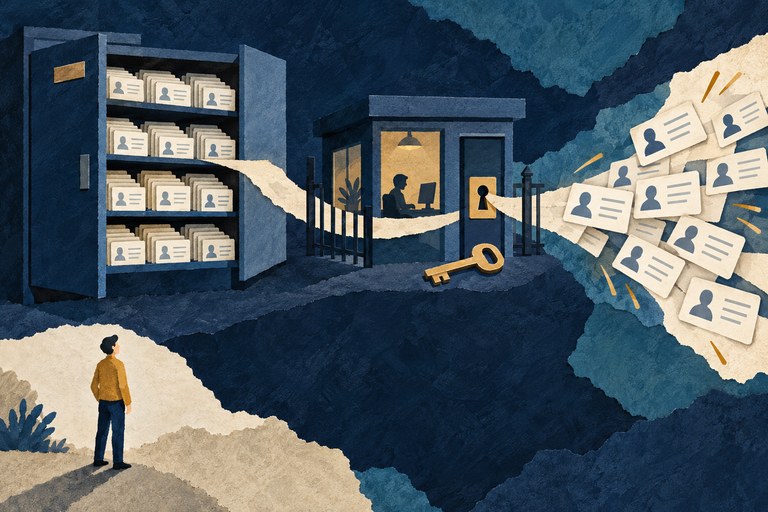Conceptuele AI-illustratie: persoonskaarten gaan vanuit een archief via een bedrijfstoegang naar buiten; een burger staat daar los van.