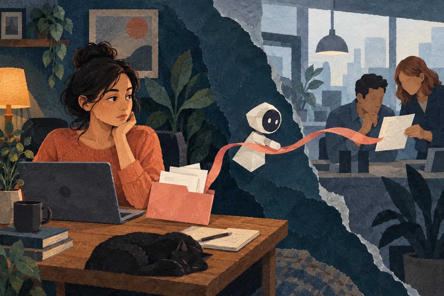 Conceptuele papiercollage waarin een AI-assistent een privédocument van een thuiswerkplek naar collega’s op kantoor doorgeeft.