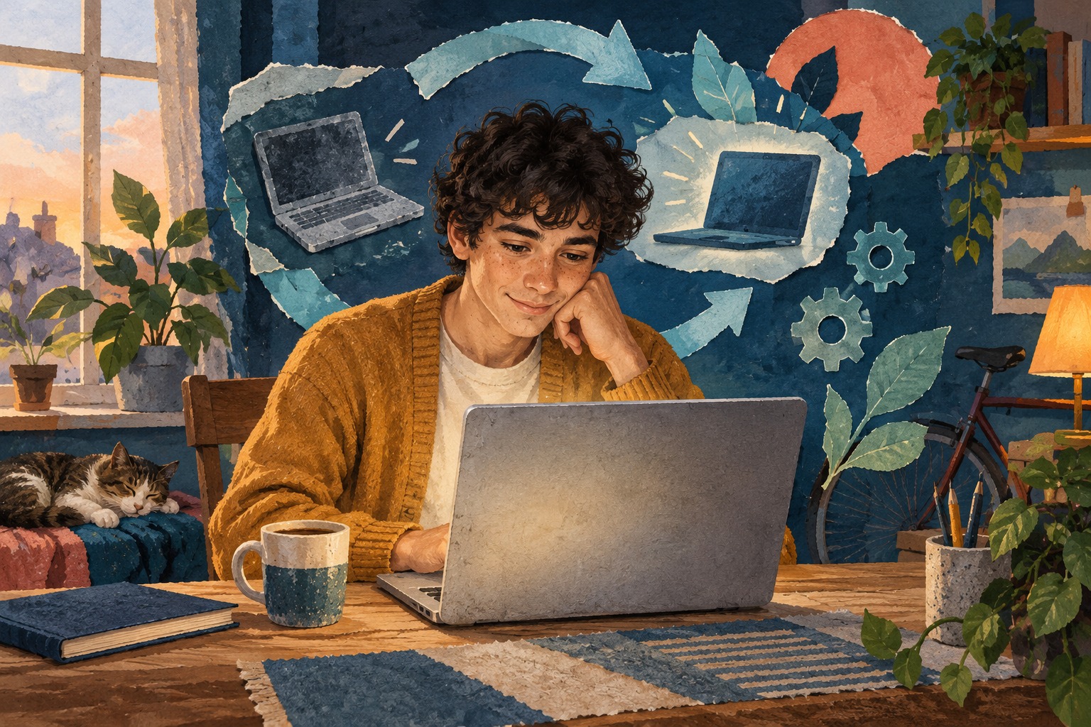 AI-illustratie van een student die op een laptop controleert of zijn computer is bijgewerkt.