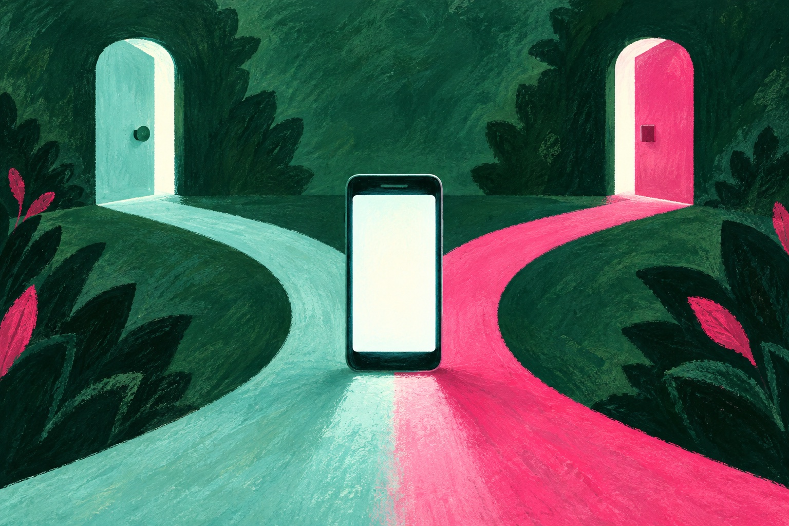 AI-illustratie van een telefoon bij twee paden naar bijna gelijke deuren, als beeld voor verschillende webadressen.