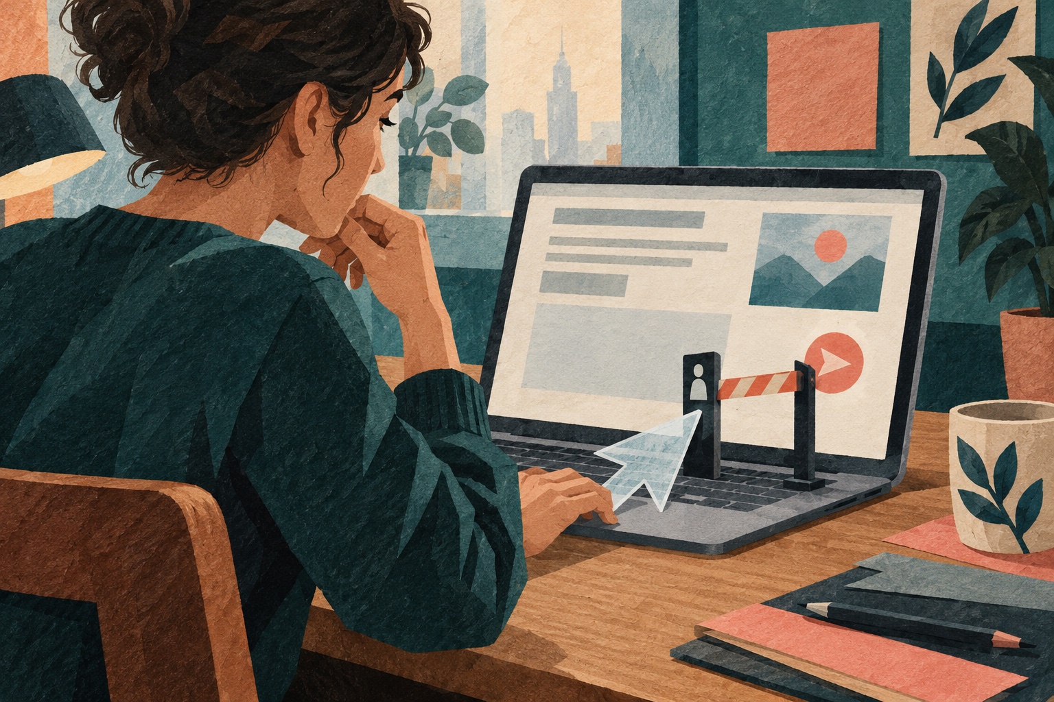 AI-illustratie: een jongvolwassene beoordeelt een laptop, met een hand bij het toetsenbord en een abstracte grens voor een cursor.