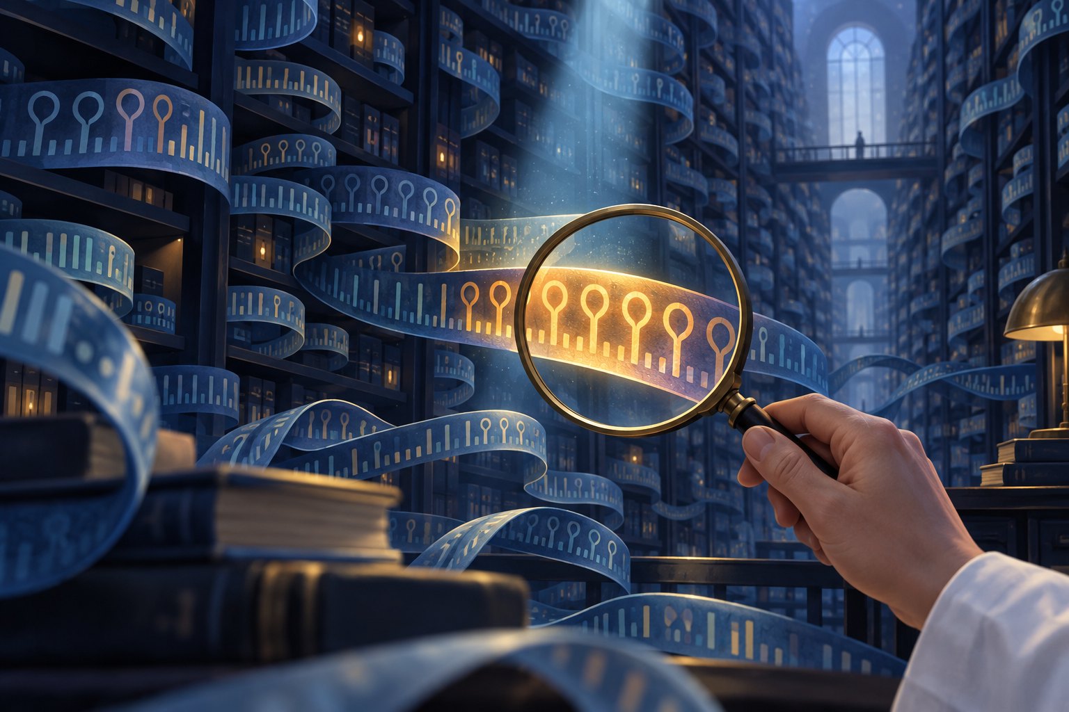 Conceptuele AI-illustratie: een vergrootglas belicht herhaalde patronen in een grote verzameling DNA-gegevens.