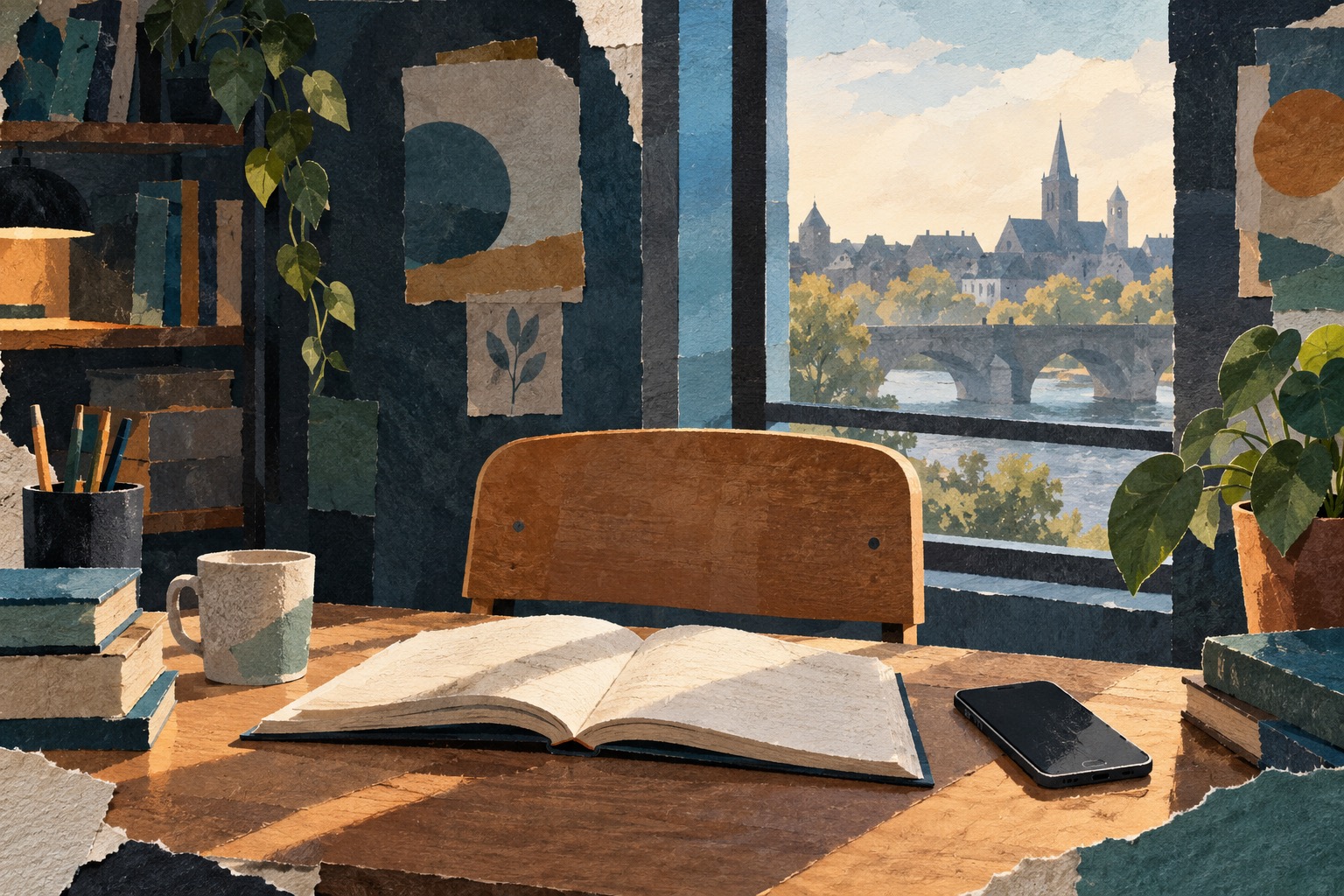 Conceptuele AI-illustratie van een lege stoel, boek en telefoon bij een studiebureau; geen beeld van de betrokken student of een echte universiteitsruimte.