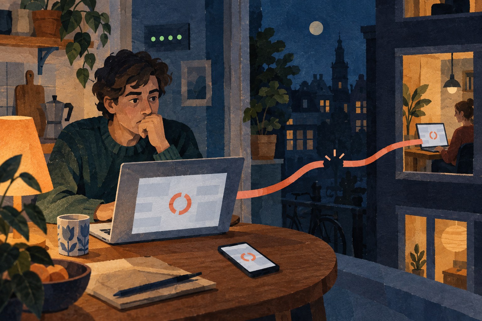 Conceptuele AI-illustratie: een gebruiker zit ’s nachts achter een laptop; op laptop en telefoon staat een onderbrekingssymbool. Rechts werkt een tweede gebruiker met hetzelfde symbool.
