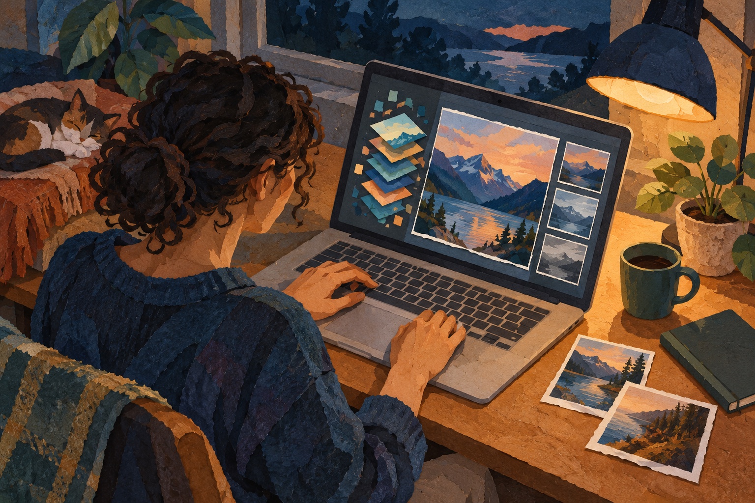 Geschilderde papiercollage van een jonge maker die landschapsfoto’s bewerkt op een merkloze laptop.