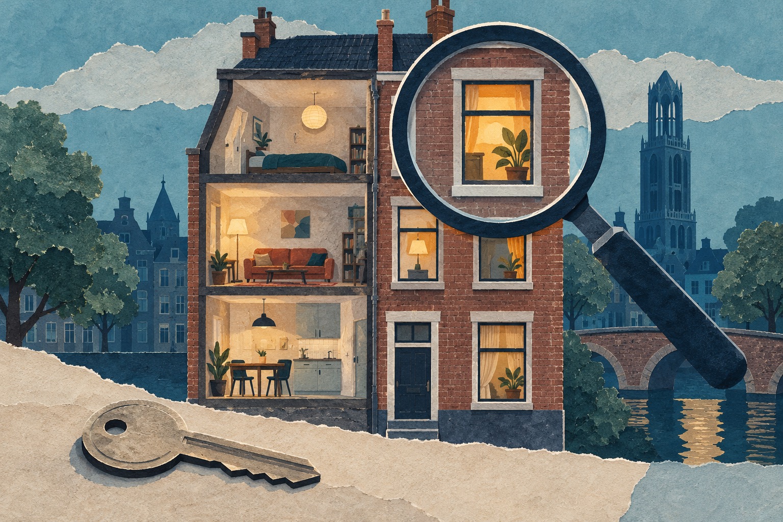 Conceptuele AI-illustratie van een woongebouw onder een vergrootglas, met een huissleutel op de voorgrond.