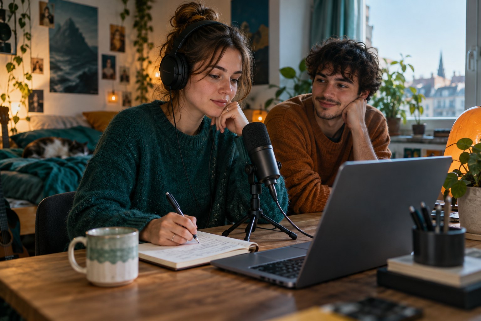 AI-illustratie van twee jongeren die aan een audioverhaal werken met een laptop, koptelefoon en microfoon.
