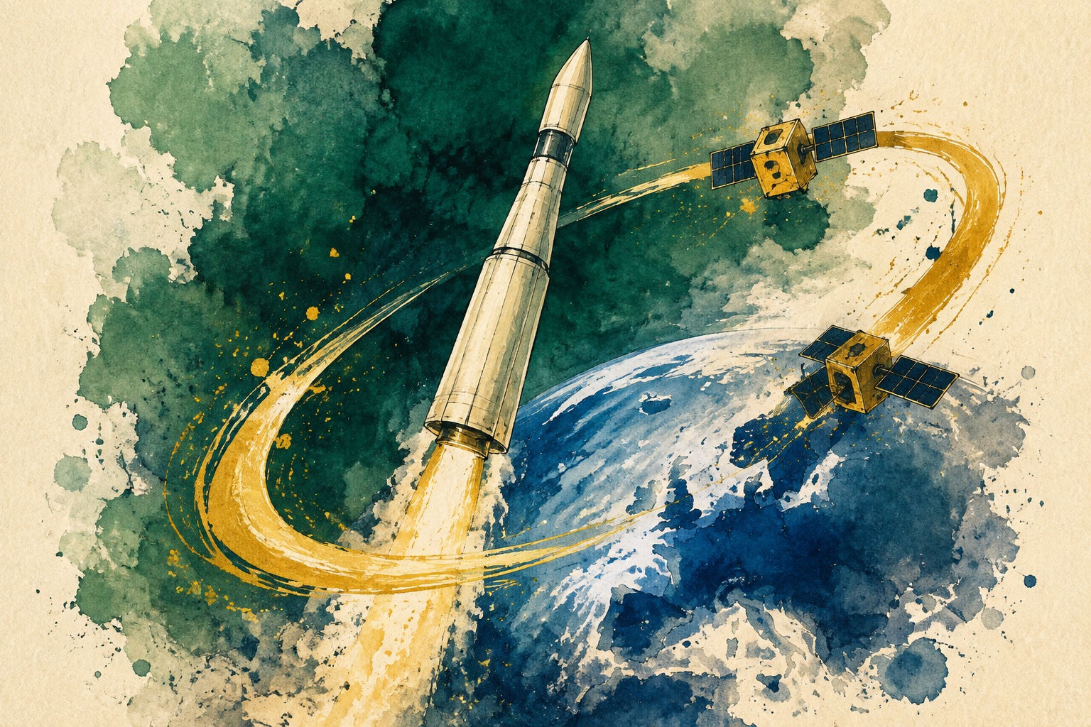AI-illustratie in waterverf van een raket, twee kleine satellieten en een gouden baan rond de aarde.