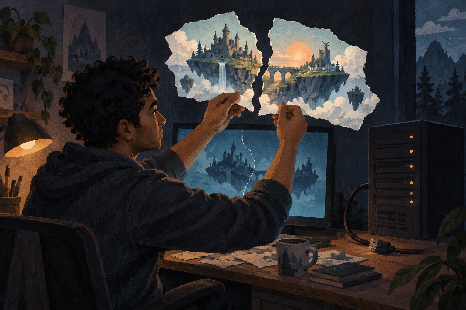 Conceptuele papiercollage van een gamer die twee gescheurde delen van een fantasiewereld bijeenhoudt.