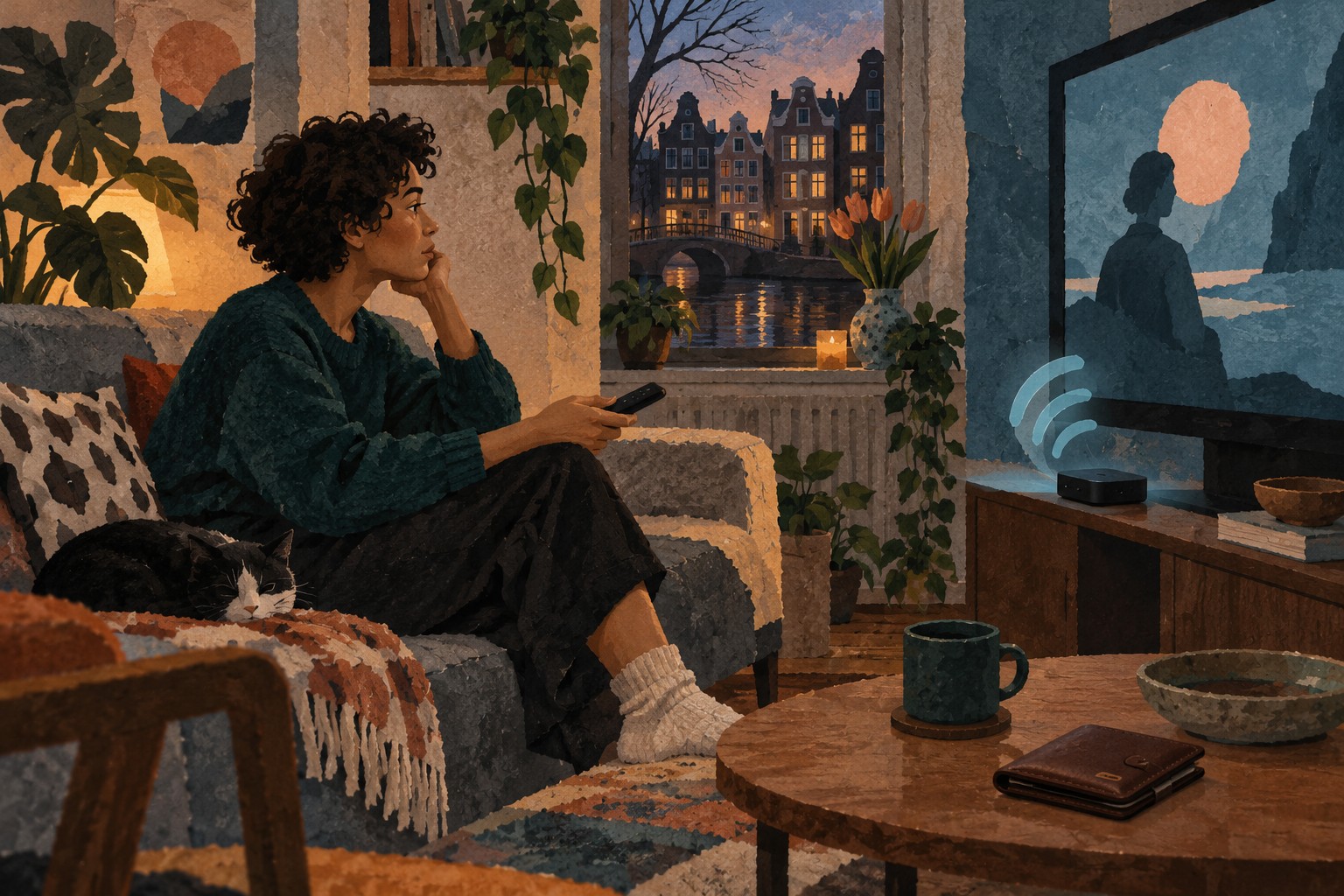 Geschilderde papiercollage van een jongere op een bank met afstandsbediening, een televisie, een generieke mediaspeler en een portemonnee.